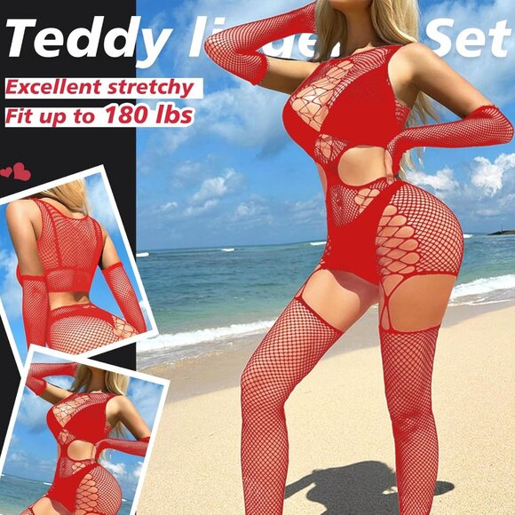 Seductive Red Fishnet Lingerie Set for Women - Plus Size Teddy Bodysuit - Picture 3 of 6